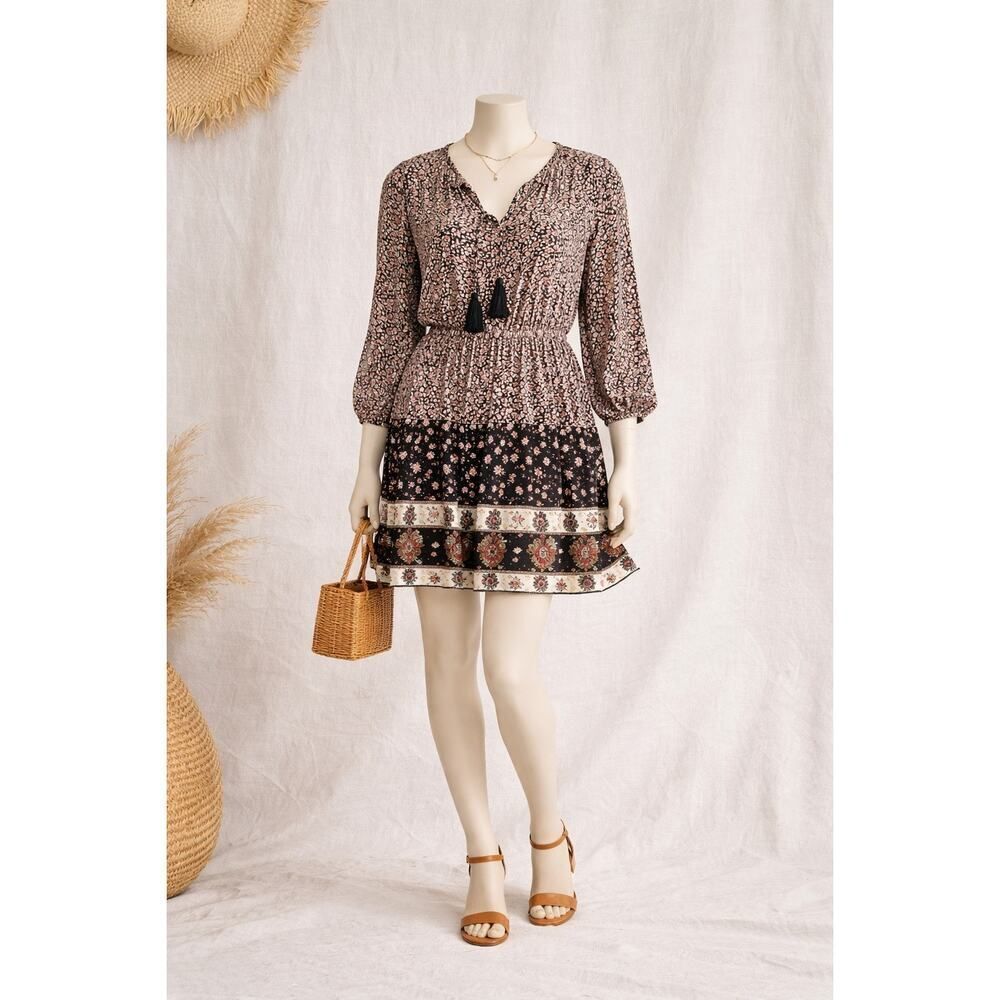 Auguste The Label Olson Belle Floral Babydoll Mini Dress Boho Tassel US 4